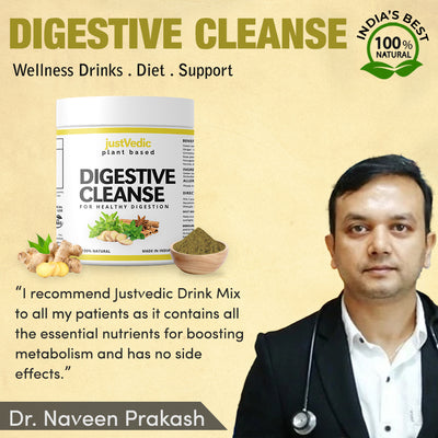 Justvedic Digestive Cleanse Drink Mix Recommend by Dr. Naveen Prakash - best drink for digestion - drinks to help digestion - drinks that aid digestion
