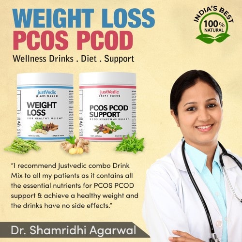 Justvedic PCOS-PCOD Weight Loss Drink Mix Combo Recommend by Dr. Shamridhi Agarwal - best fat loss shakes - best weight loss shakes for women - organic meal replacement shakes for weight loss - weight loss shake powder