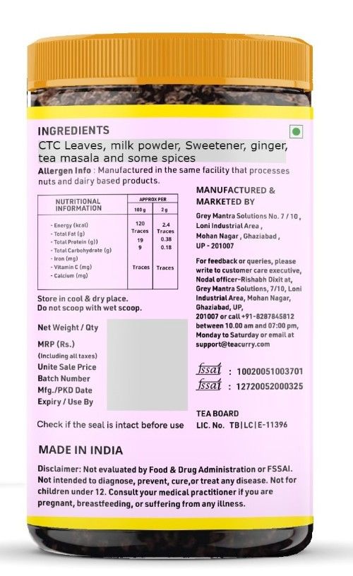 Teacurry Ginger Instant Tea Premix Back Image