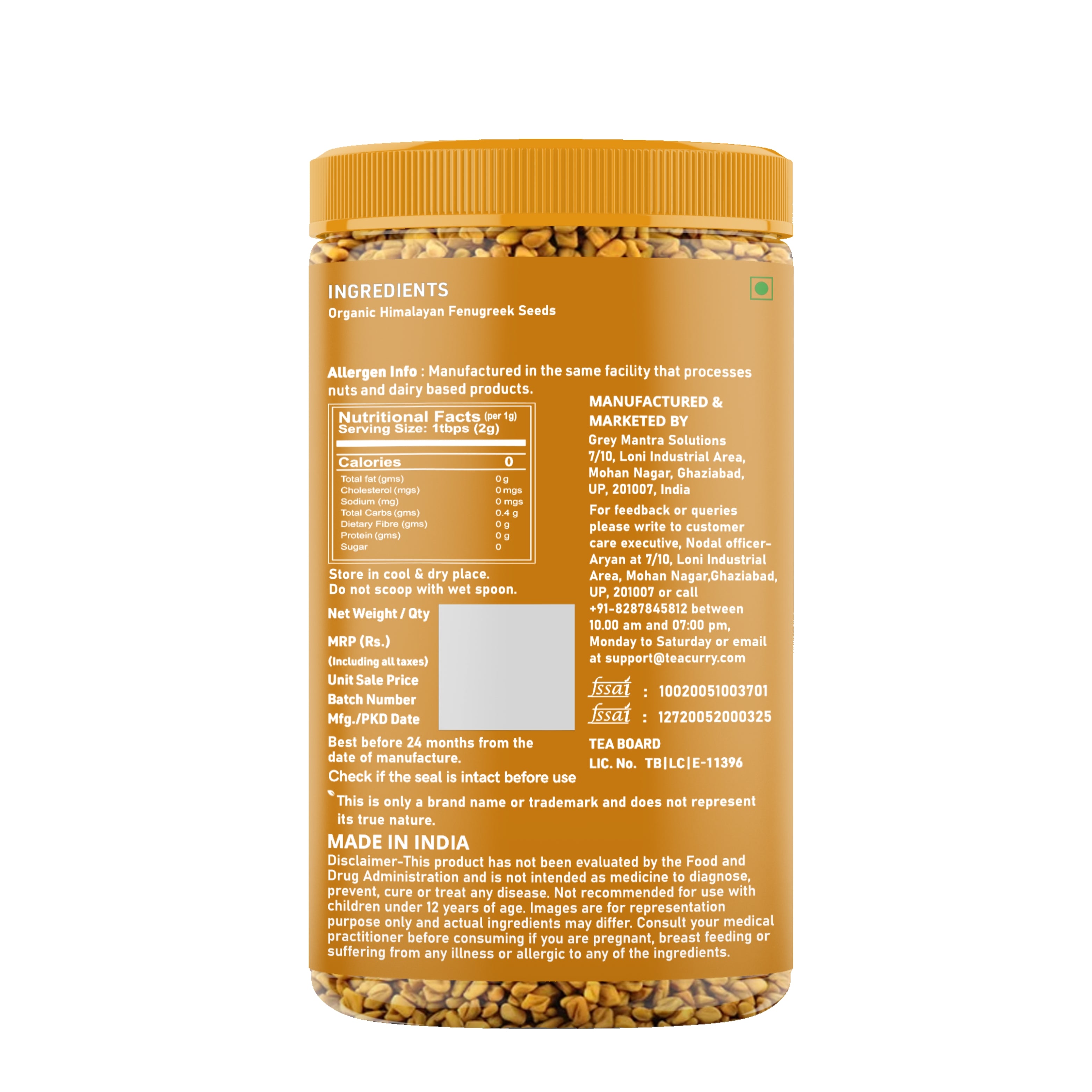 Teacurry Organic Himalayan Fenugreek Seed (Methi Seeds) Back Image 