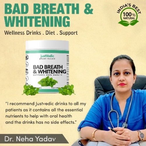 Justvedic Bad Breath & Whitening Drink MIX Approved By Dr. Neha Yadav - teeth clean powder- ayurvedic teeth whitening powder - best teeth powder - powder for teeth cleaning