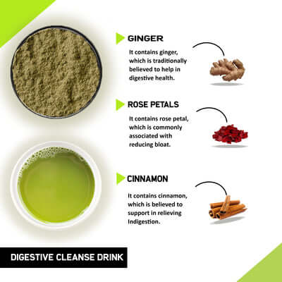 Justvedic Digestive Cleanse Drink Mix Benefits and Ingredients - drink for better digestion - drink to prevent bloating - herbal drinks for constipation - morning gut health drink - 