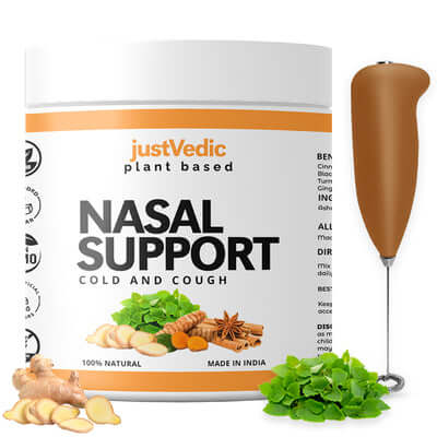 Justvedic Nasal Support Drink Mix Jar and Frother