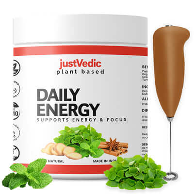 Justvedic Daily Energy Drink Mix Jar and Frother