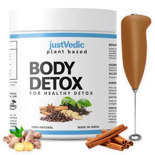 Justvedic Body Detox Drink Mix Jar and Frother