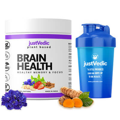 Justvedic Brain Health Drink Mix Jar and Shaker - memory booster powder - best brain drinks - best brain drinks -best drink for brain function