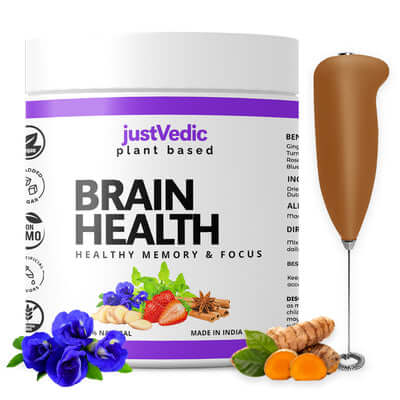 Justvedic Brain Health Drink Mix Jar and Frother - brain focus drink - brain power powder- brain protein powder