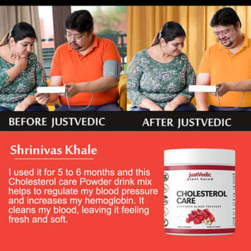 Justvedic Cholesterol Care Drink Mix used by Shrinivas Khale - powder to reduce cholesterol - organic cholesterol powder - 