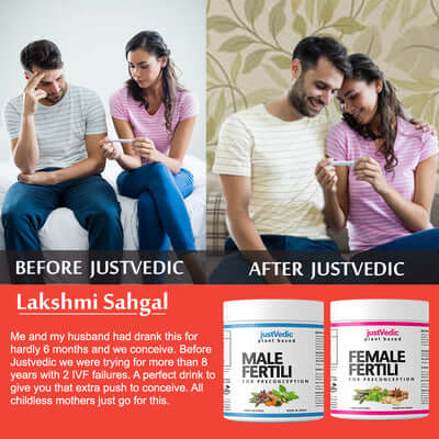 JustVedic Male and Female Fertility Drink Mix Combo used by Lakshmi Sahgal - fertility tea for women - herbal teas for fertility