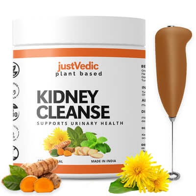 Justvedic Kidney Cleanse Drink Mix Jar and Frother
