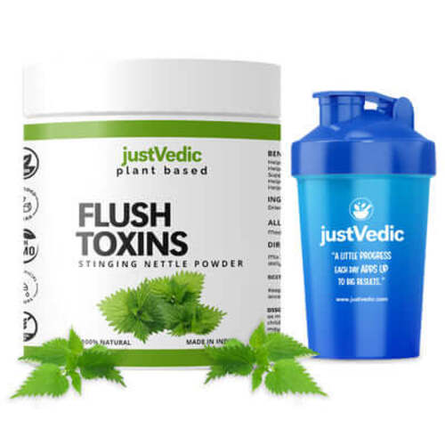 Justvedic Fush Toxins Drink Mix Jar and shaker