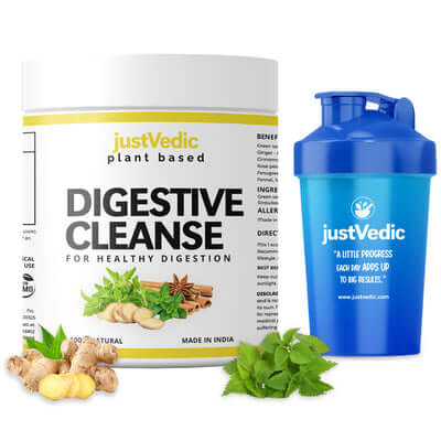 Justvedic Digestive Cleanse Drink Mix Jar and Shaker
