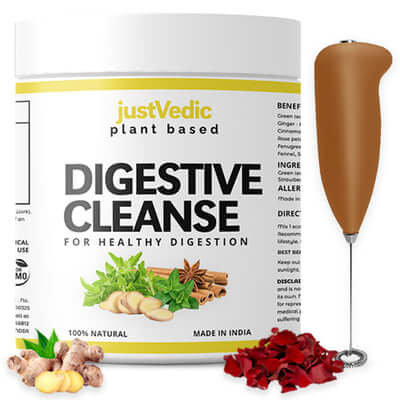 Justvedic Digestive Cleanse Drink Mix Jar and Frother - detox drink for constipation 