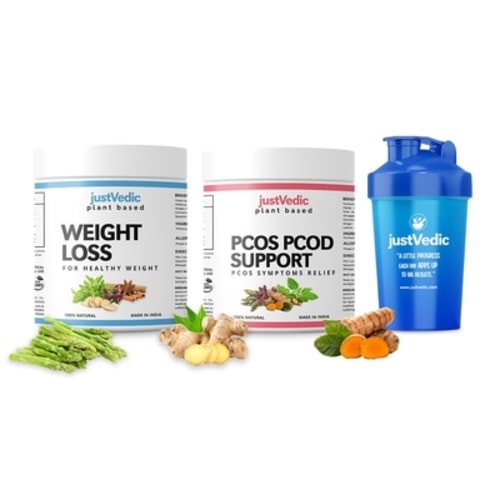 Justvedic PCOS-PCOD Weight Loss Drink Mix Combo Jar and shaker - organic fat burner powder - drinks for pcos - best pcos drink- detox drink for pcos