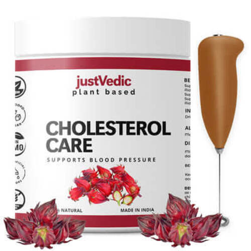 Justvedic Cholesterol Care Drink Mix Jar and Frother