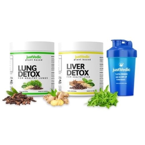 Justvedic Lung and Liver Detox Drink Mix Combo Jar and shaker