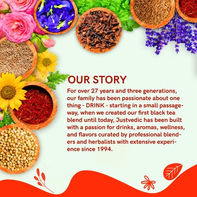Justvedic our story - drinks good for anxiety - calm powder