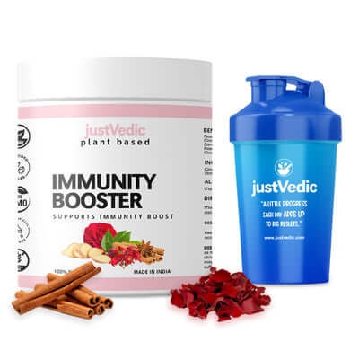 justvedic immunity booster drink mix jar and shaker
