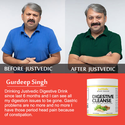 Justvedic Digestive Cleanse Drink Mix used by Gurdeep Singh - best morning drink for digestion - digestive health drinks - detox drink for constipation