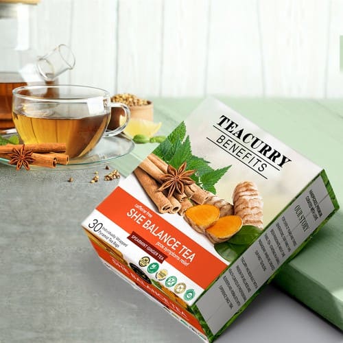 She Balance tea box top view - teacurry pcos tea benefits - teacurry for pcos